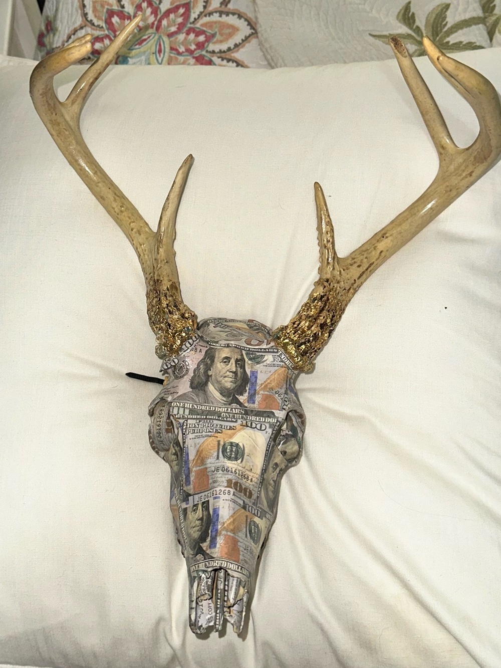 Handmade Decorative Deer Skull with Monetary Decoupage - White & Natural